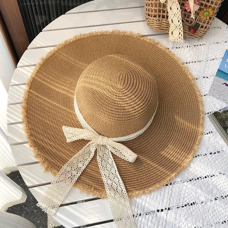 Summer seaside beach vacation wind photo big brim lace flower straw hat women's versatile simple sunshade sunscreen hat