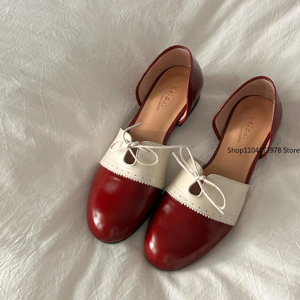 Fashion PU Leather Retro British Style Small Leather Shoes Brock Lace-up Women's Sandals Round Heel Single Shoes Female Pumps