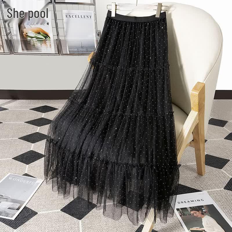 Women s Starry Rhinestone Mesh Midi Skirt One Size