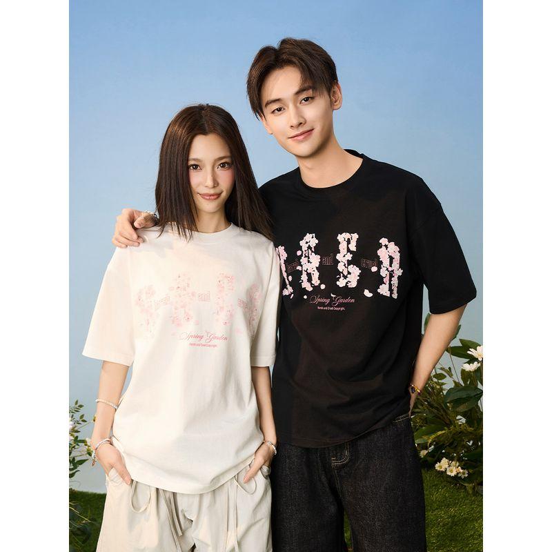 HACR | Harshandcruel Falling Cherry Blossom Loose round Neck Couple Chinese Fad Short Sleeve T-shirt for Men and Women