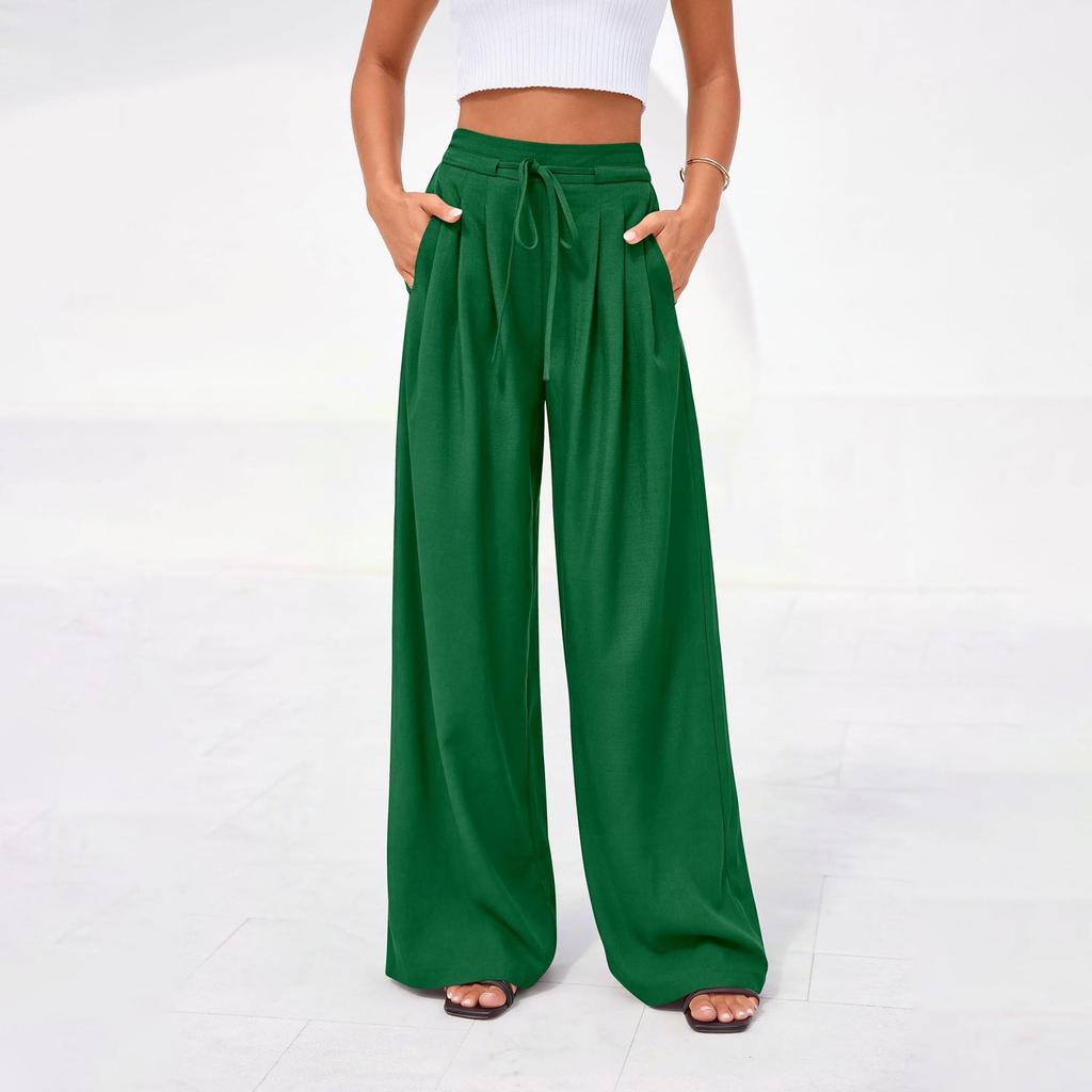 Women's Casual Pleated Wide Leg Pants with Pockets Elastic Waist Drawstring Loose Fit Trousers for Daily Wear
