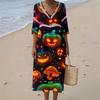 Women's Casual V-Neck Midi Dress with Halloween Print Pattern for Summer Beach and Party Occasions