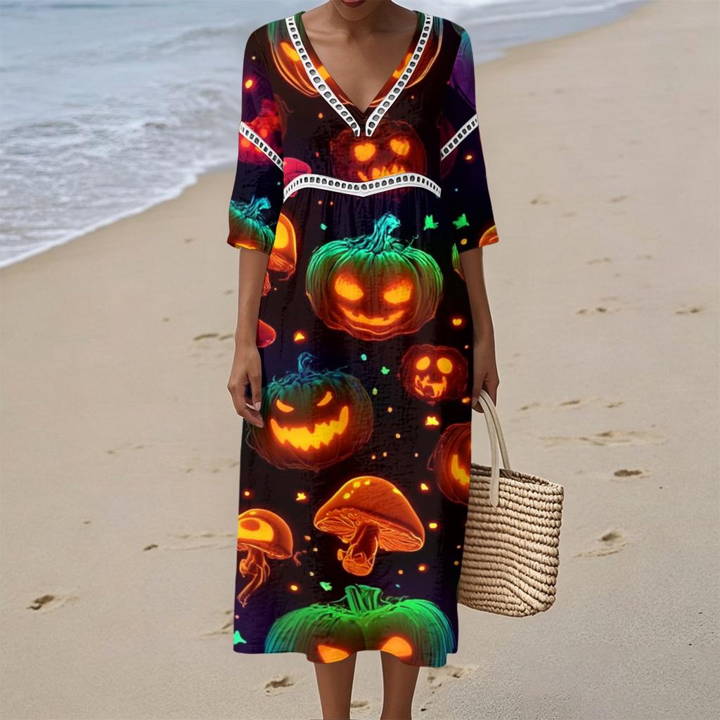 Women's Casual V-Neck Midi Dress with Halloween Print Pattern for Summer Beach and Party Occasions