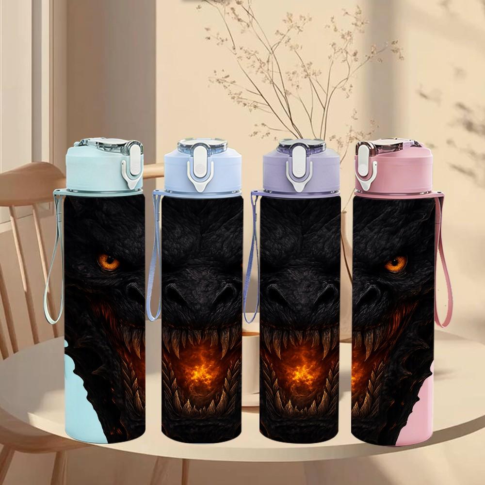 1PC Dark Evil Dragon Head Portrait Print 750ml Color Plastic Sports Water Bottle Leakproof Flip Straw Lid Suitable for Sports Office Home Use