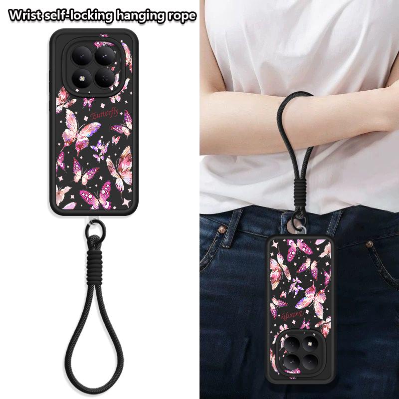 Fantastic Butterfly Print Lanyard Case For Xiaomi 14T 13T Pro Redmi Note 15 Pro 4G 14 13 Pro+ 5G Shockproof Bumper Soft Cover