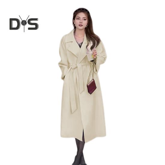 Sobretudo de inverno feminino com cinto, gola virada para baixo, bolsos, cardigan de cor pura, casaco de comprimento médio, mangas compridas, térmico, para deslocamento, namoro, casaco de inverno