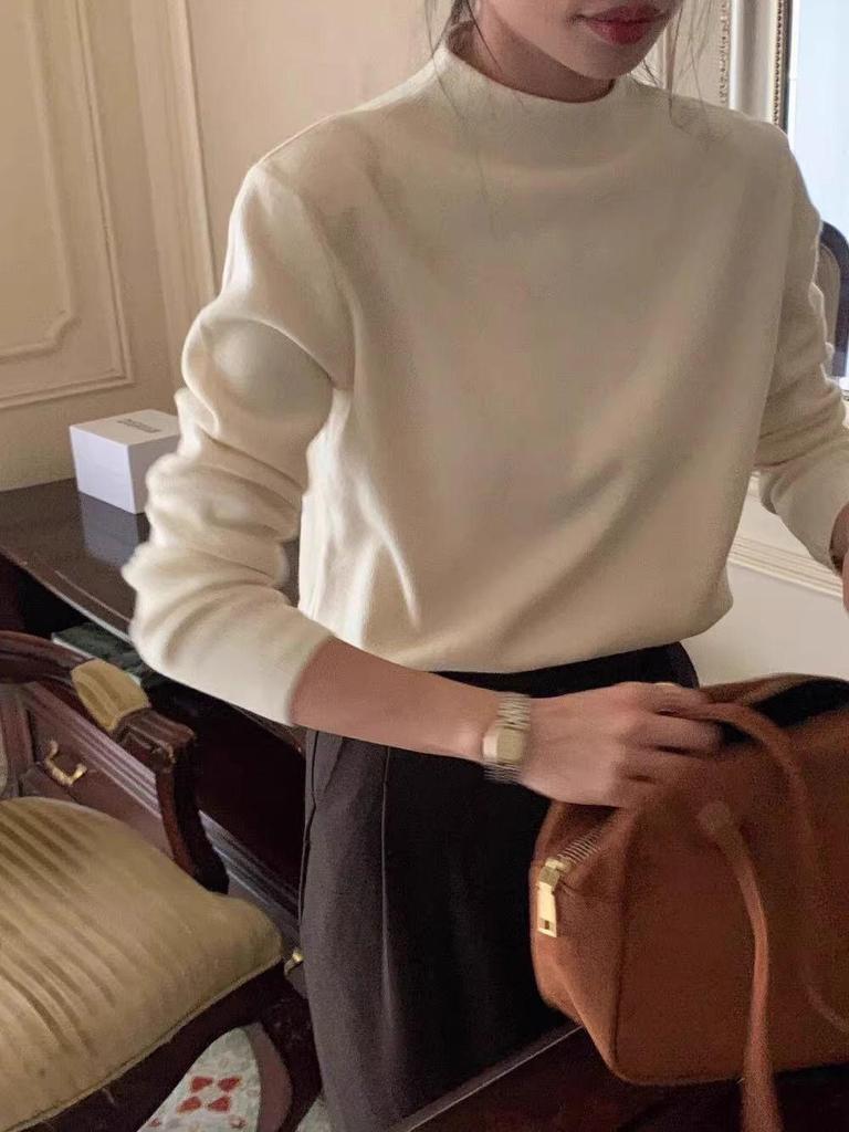 Women's Slim-Fit Semi-High Neck Knit Long-Sleeve Top for Autumn and Winter