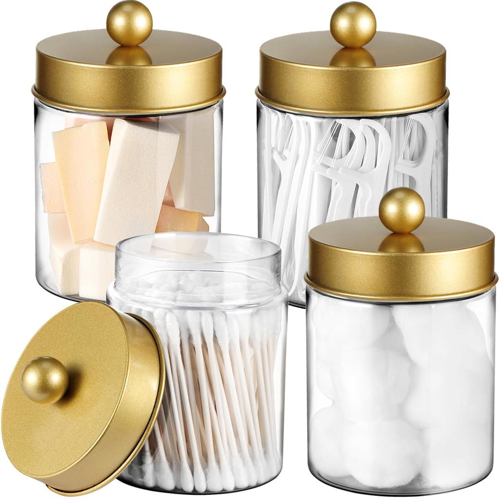 4 Piece/1 Piece Apothecary Jar Bathroom Vanity Organizer - Organizer Set Countertop Jar with Lid, Cotton Swabs, Makeup Sponge