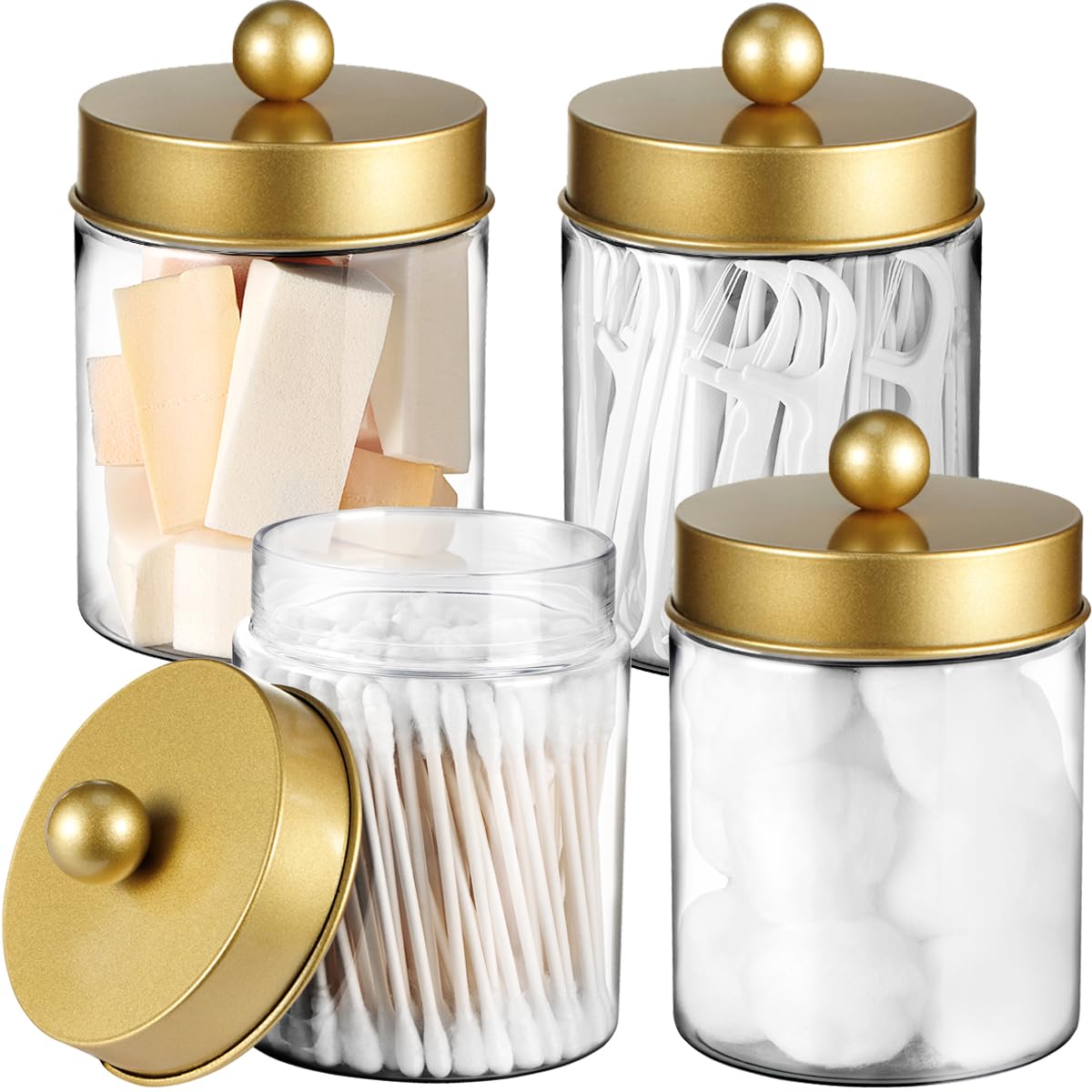 

Набор из 4 штук/1 штуки аптекарских банок для органайзера для туалетного столика в ванной - Набор органайзеров, настольная банка с крышкой, ватные палочки, спонж для макияжа 1pc золотой