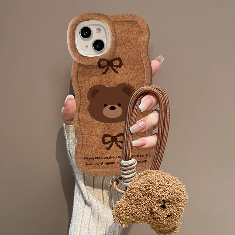 Bow Plush Bear Lanyard Suitable for Apple 15 Mobile Phone Case 16PRO Cute Silicone 14 Full Cover Anti-fall XR