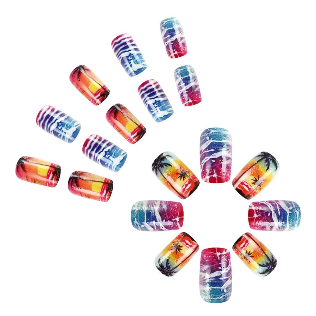 Unghii Presate Ușor de Purtat Plajă la Apus Palmier Unghii Adezive Unghii False Acrilice pentru Manichiură Rapidă la Modă