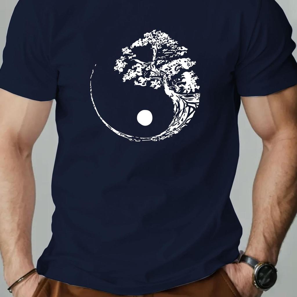 Men'S Casual Crew Neck T-Shirt with Tree Pattern  Slight Stretch Regular Fit Solid Color Men Clothing Comfortable