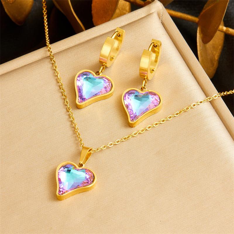 gold heart crystal jewelry set necklace earrings for women
