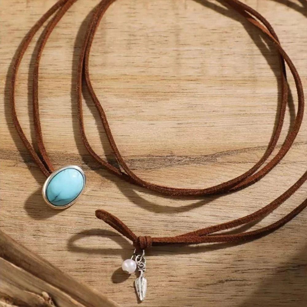 Leather Rope Turquoise Pendant Necklace Vintage Retro Necklace Fashion Ethnic Jewelr  for Women