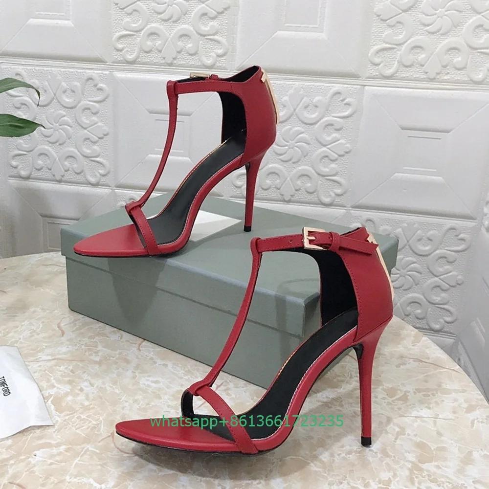 T-Tied Open Toe Women Sandals Genuine Leather Stiletto Heel Sexy High Heels Cover Heel 10.5CM Ankle Buckle Summer Sandal