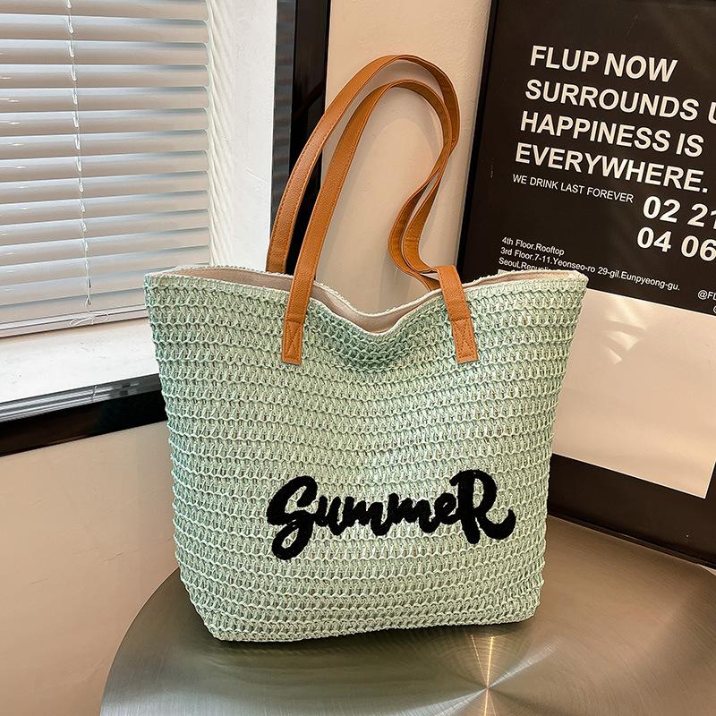 

Ручная соломенная сумка популярная полосатая сумка-тоут с буквами пляжная сумка для улицы путешествий отпуска женская сумка светло-зеленый