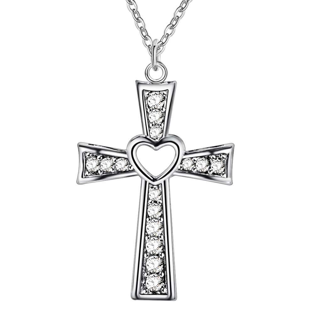 silver Color Plated necklace jewelry women wedding fashion Cross CZ crystal Zircon stone pendant Christmas gift JSHN296