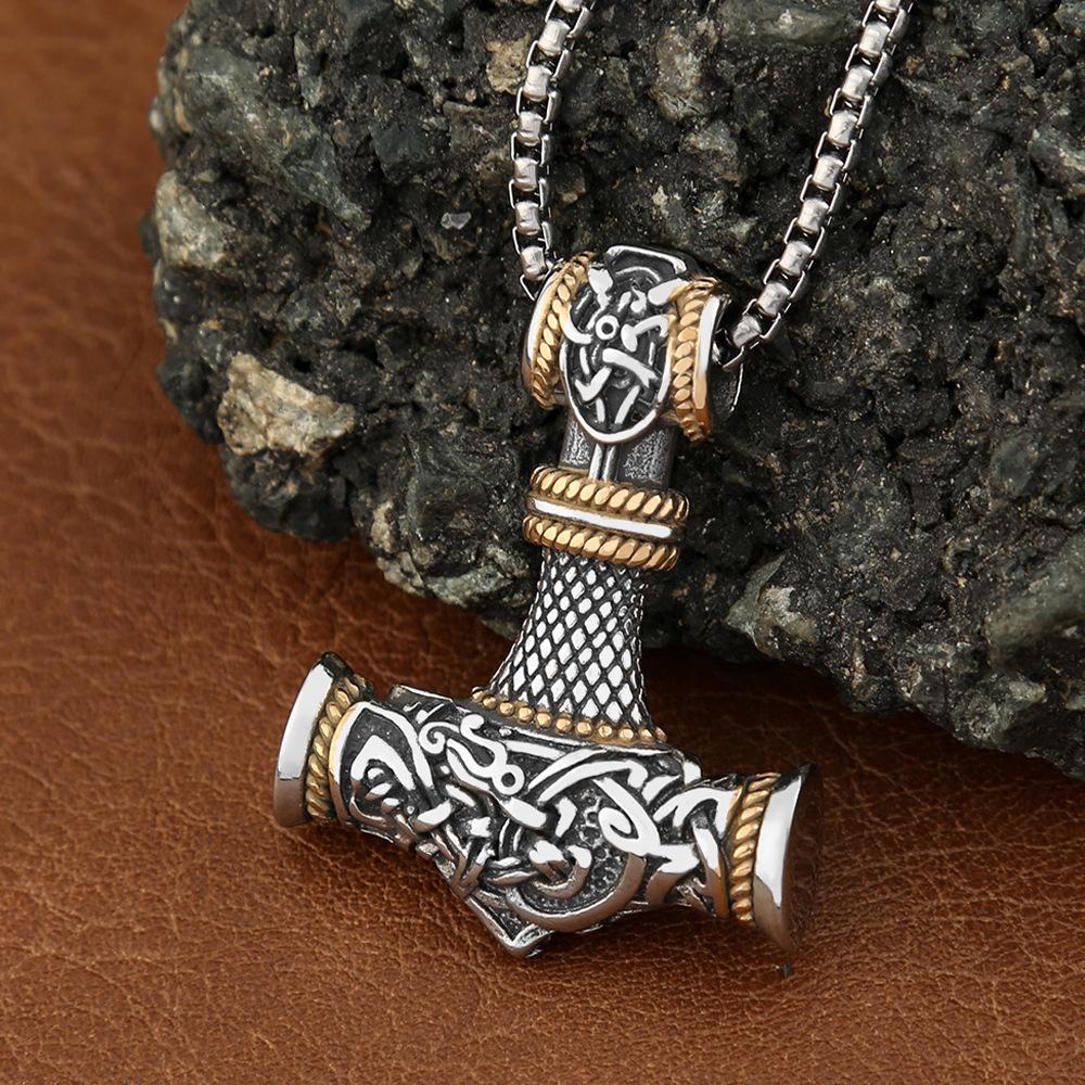 Unique Stainless Steel Vikings Thor Hammer Pendant Vintage Scandinavian Rune Necklace for Men Punk Jewelry Accessories