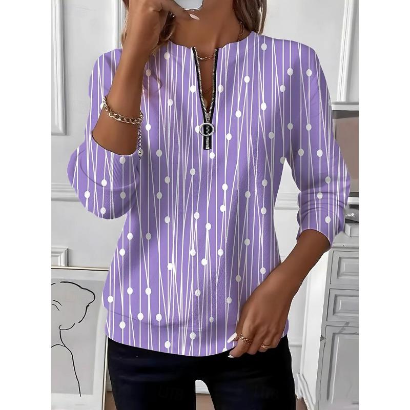 Plus Size Long Sleeve T-Shirt with Geometric Stripes & Color Block Ring Zipper Detail - Fall Fashion