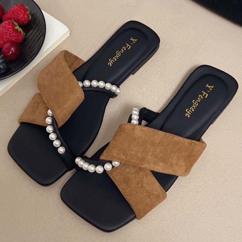 Mode Damen 2025 Französischer Stil Flache Perlensandalen Sommer Slip-On Elegante Pantoletten für Draußen Überkreuzte Zehenriemen Lässige Flip-Flops