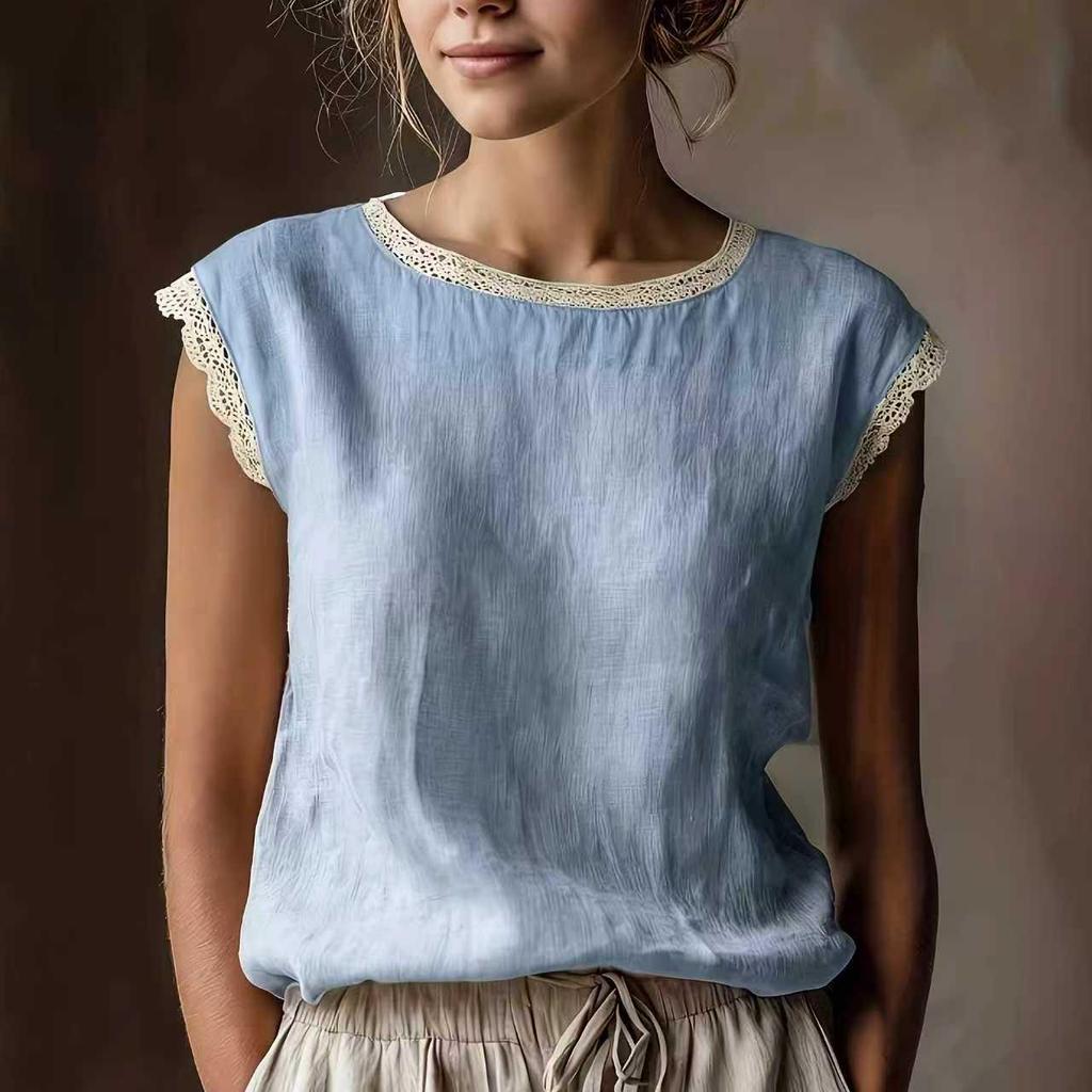 2026 New Women's Retro Loose Sleeveless Linen Shirt with Lace Patchwork