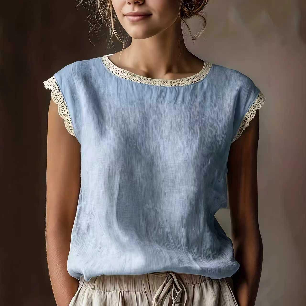 

2026 New Women s Retro Loose Sleeveless Linen Shirt with Lace Patchwork Medium небо синє кольору