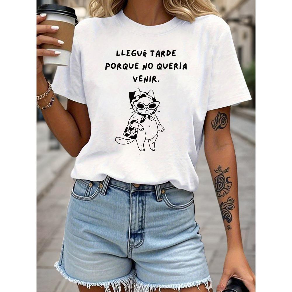 Women s Short Sleeve T-shirt Spanish Letter Print Crew Neck Casual Top For Summer Spring S