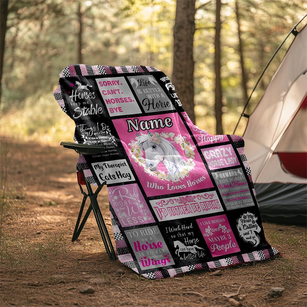 Horse Love Happiness Lifestyle Quotes Collection Personalized Outdoor Blanket Customize Your Name Ultrasoft Suitable For Picnics Outdoor Travel And