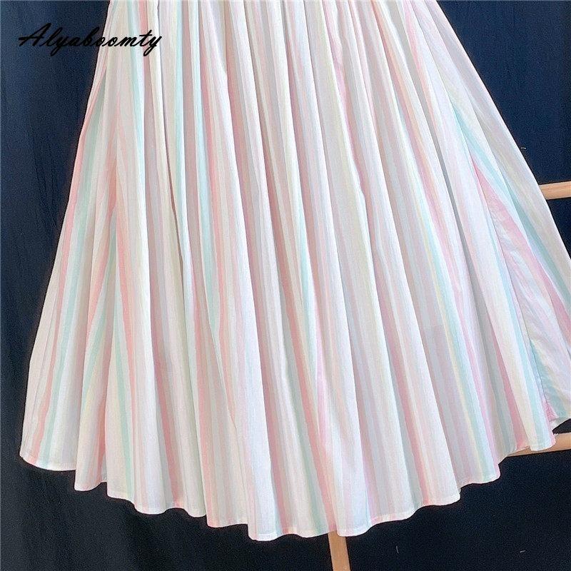 Spring Summer Women Rainbow Feminine Skirt Elastic Waist Pastel Striped Contrast Color Midi Skirt Cotton Soft Stylish Skirts Womens