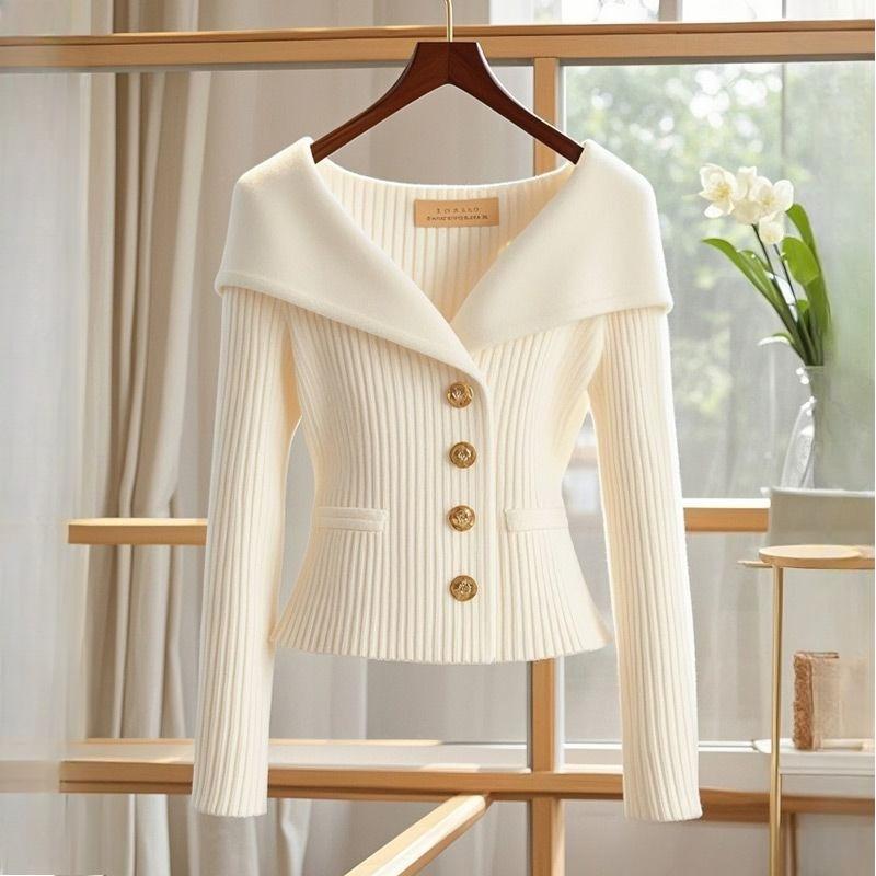 White Sweater Coat Women Premium Designer Niche Elegant Waist Defining Knit Top Autumn