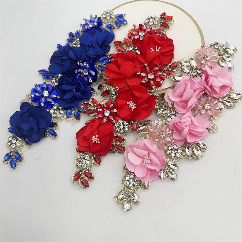 1PCS Handmade 3d sew on applique embroidery rhinestone flower patch for wedding dress