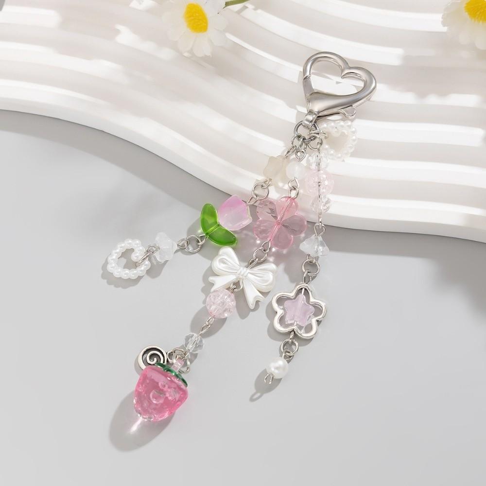 Strawberry Design Beaded Phone Chain Cute Flower Bag Charm Keychain Strap Coquettish Style