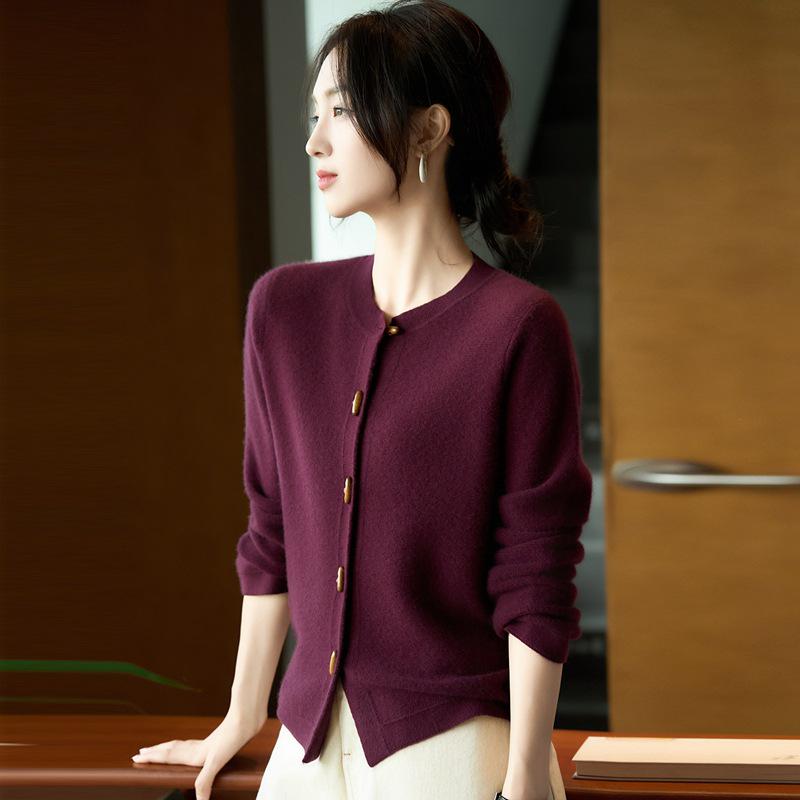 

High-End Women s Wool Knit Cardigan: Autumn Round Neck, Long Sleeve, Loose Fit Sweater Coat L