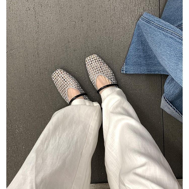 Verze z ovčí kůže~ kožené čtvercové špičky duté síťované sandály dámské nové měkké podrážky tkané sandály Mary Jane jednobotky