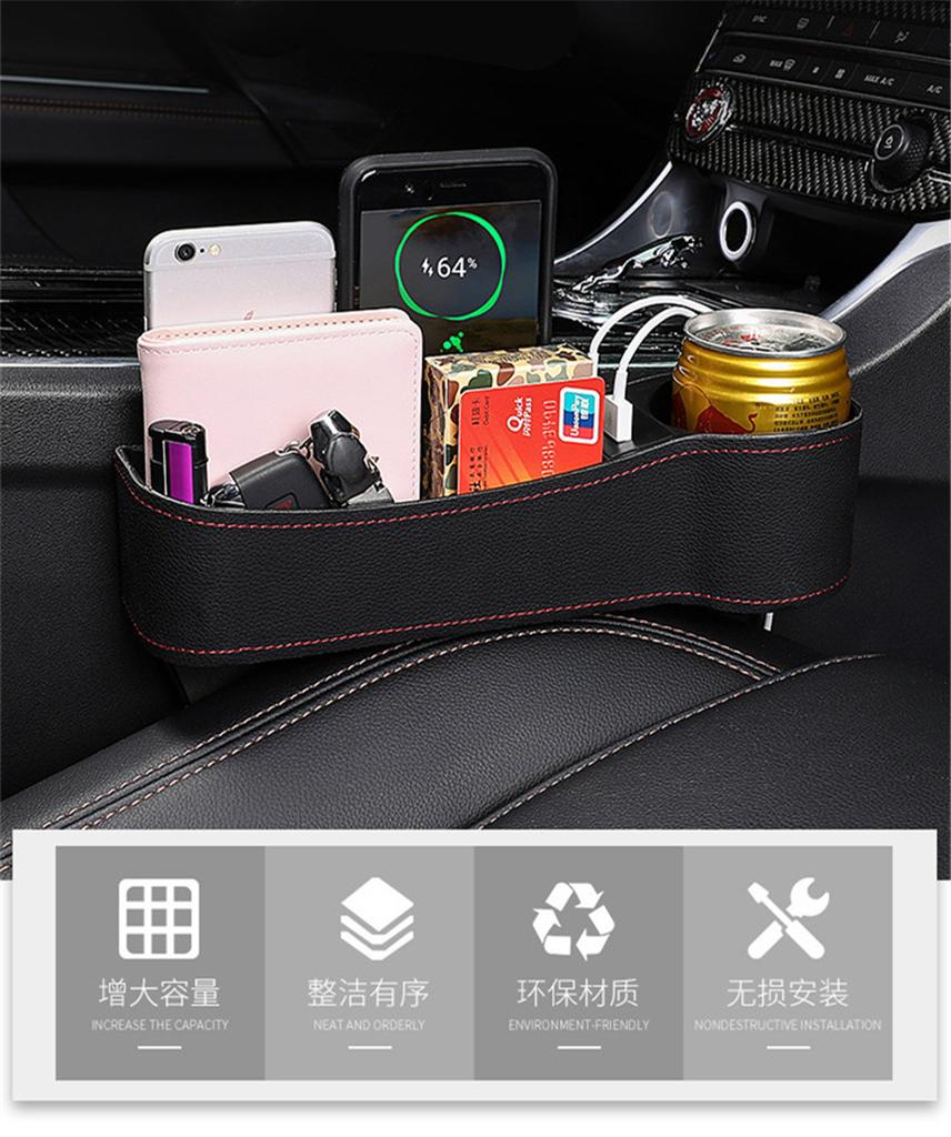 Pair Left + Right PU Leather Car Seat Gap Storage Box Crevice Organizer Pocket Dual USB Cup Holder