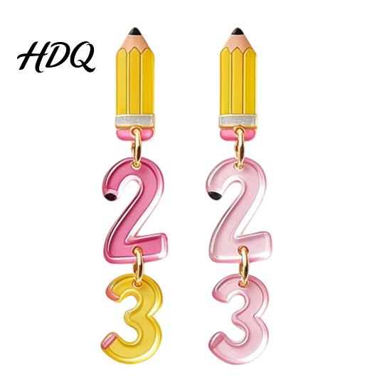Youthful Look Fashion Accessories 1 Pair Teacher Earrings for Women Cute 2D Acrylic Crayon Pencil Backpack Stationery Themed Jewelry Teachers Number