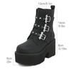 Gdgydh Rivetti sexy Stivali Demoia neri Stivali da donna con decorazione in metallo Piattaforma Tacchi gotici con fibbia a pipistrello Stivaletti da donna Taglie forti