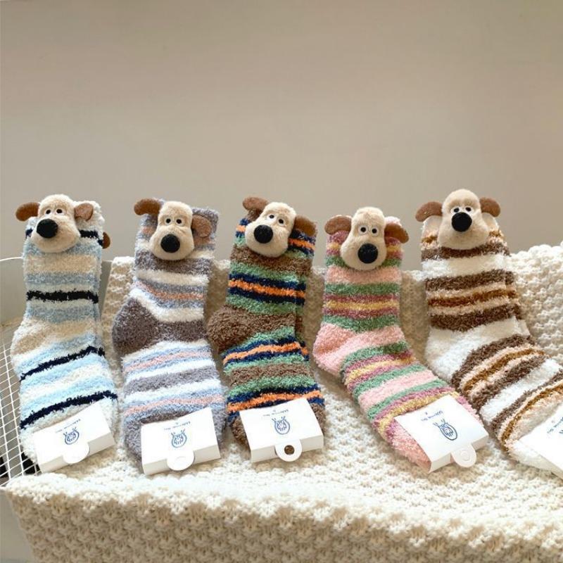 Cute Puppy Coral Fleece Striped Socks for Women's Autumn and Winter Warmth, Three-dimensional Cartoon Thickened Mid-calf Socks