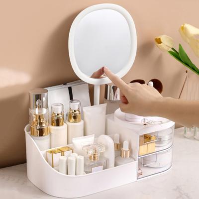 Caja organizadora de maquillaje con espejo LED, gran capacidad, múltiples compartimentos, caja de almacenamiento de brochas de maquillaje, organizador de encimera