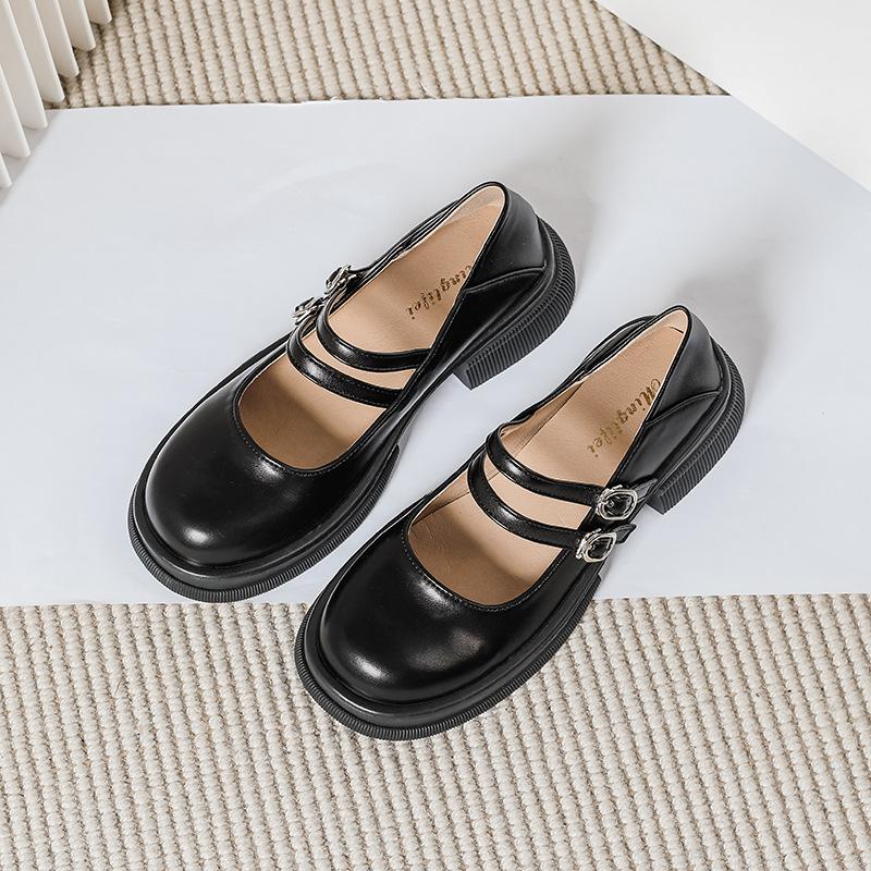 Vår Nya Dam Läderskor Casual Mary Jane Skor Mode Rund Tå Svart Loafers Kittenklackar Stor Storlek 41 -43