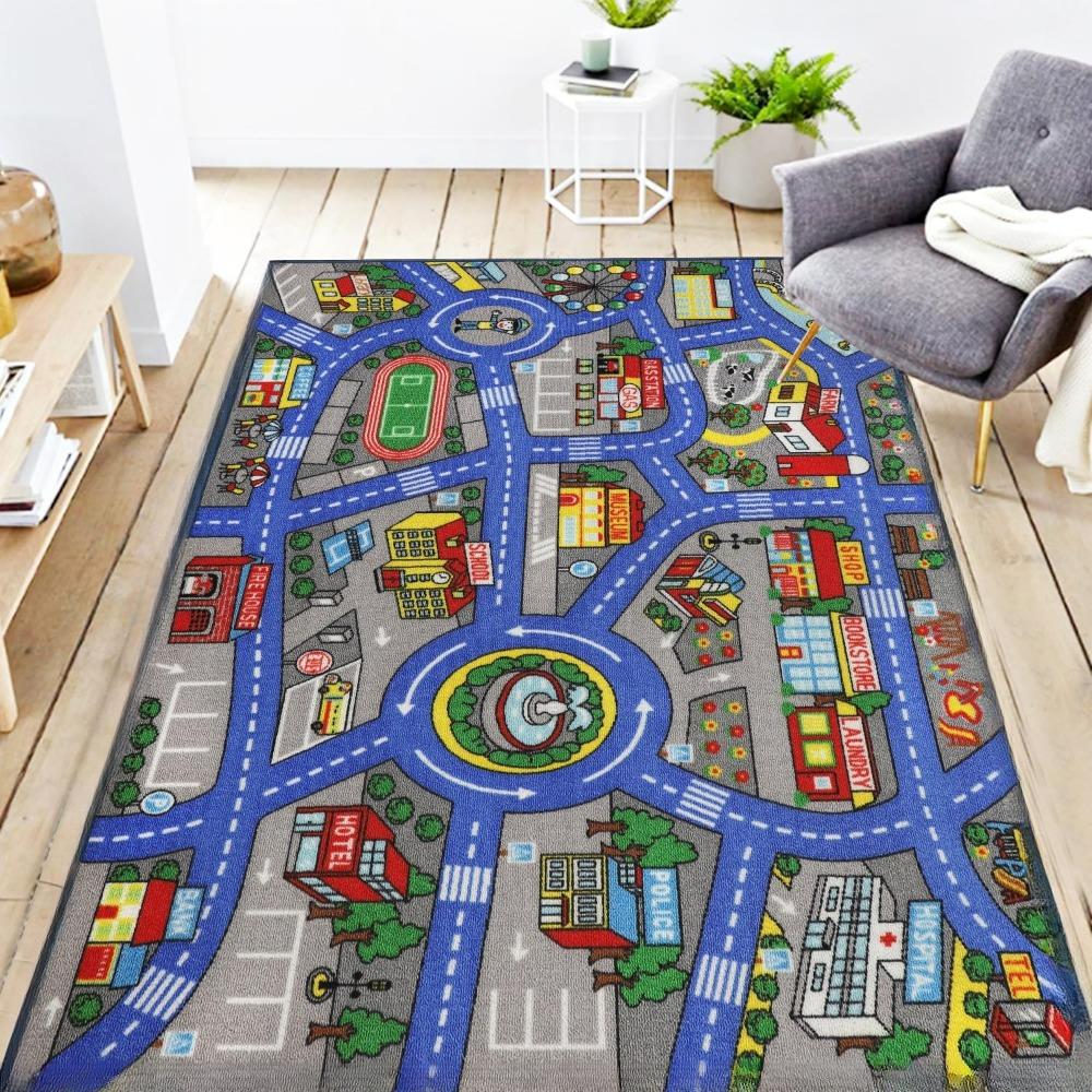 Tapis de jeu routier pour enfants Lavable Carte de voiture Éducatif Apprentissage Tapis de crèche pour salle de jeux Décor de chambre Alfombra