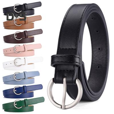 Women Belt Multi Holes Adjustable Length Round Buckle Faux Leather Waistband Dresses Shirts Sweaters Jeans Thin Belt