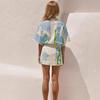 Women Blue & Green Greek Print Scalloped Edge Batwing Sleeve Shirt & Wrap Mini Skirt Set