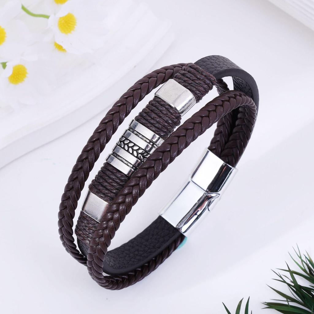 European & American Style Multi-Layer Braided Leather Men's Bracelet - Versatile Fashionable Hip-Hop Bangle