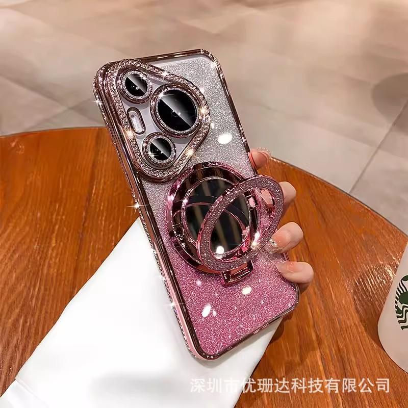 Applicable To Huawei Pura11pro Mobile Phone Case Glitter Electroplated Rhinestone Mate11 Makeup Mirror Magnetic Suction Bracket Cover