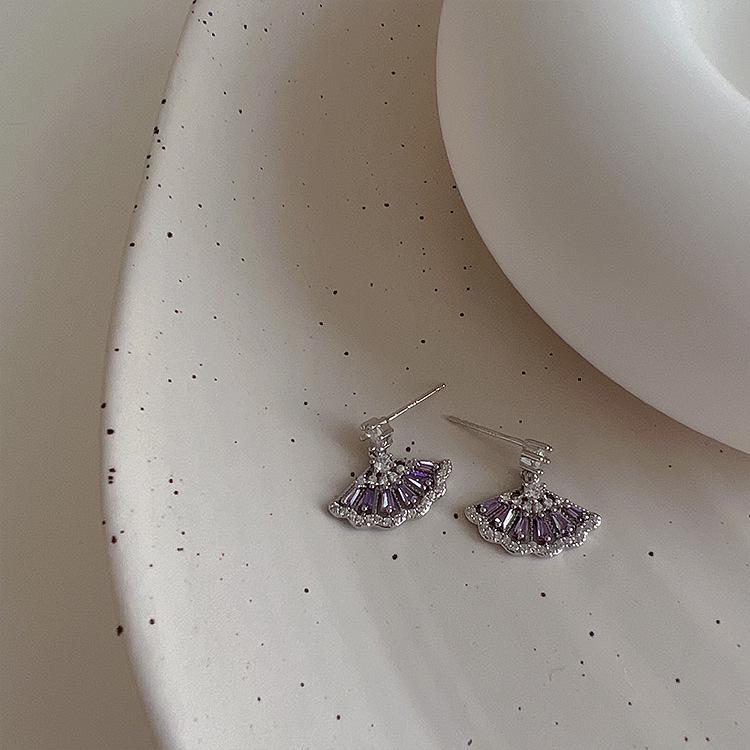 Purple Zircon Fan-shaped Women's Stud Earrings - Retro, Versatile & Stylish