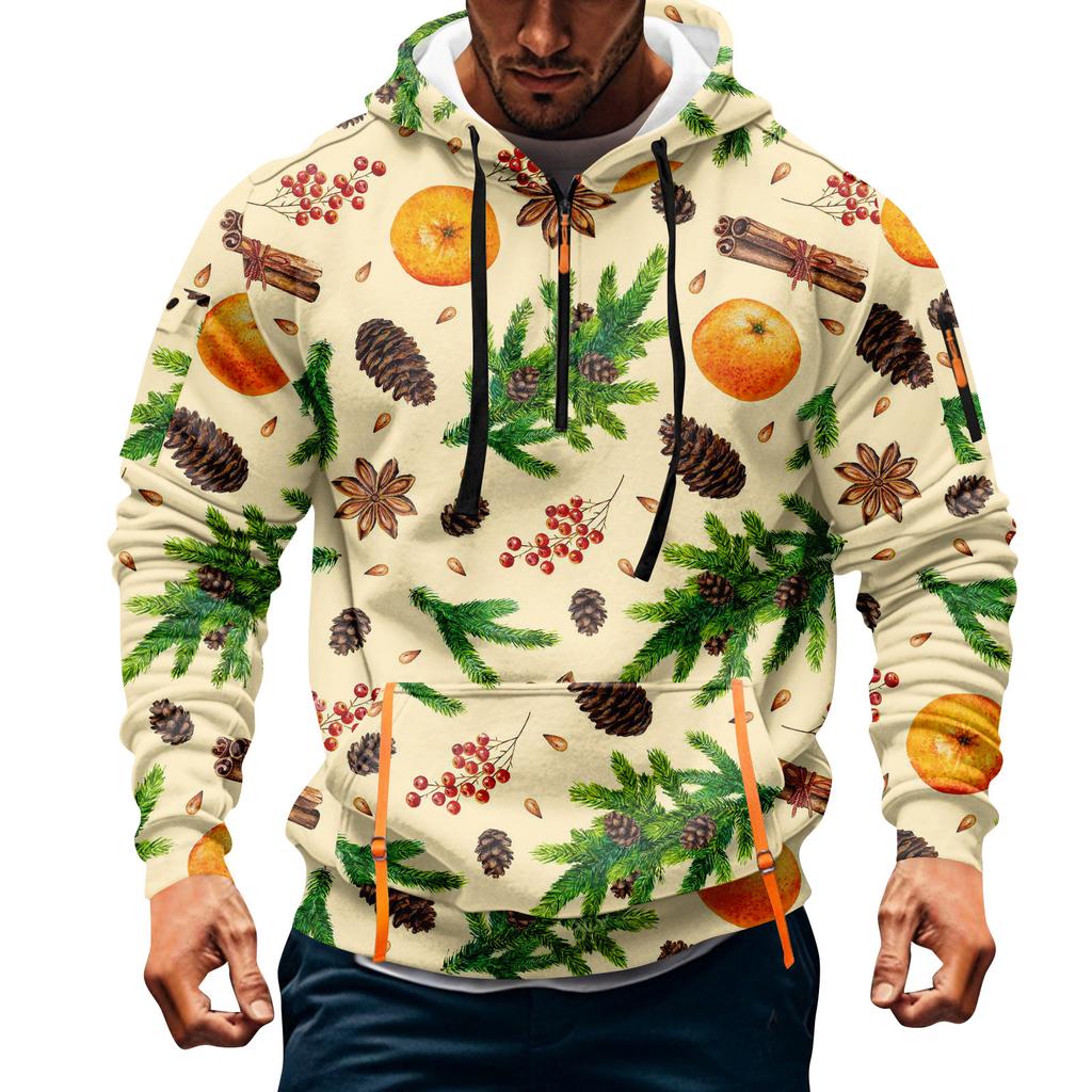 Sudadera deportiva casual de media cremallera con capucha y estampado navideño para hombre