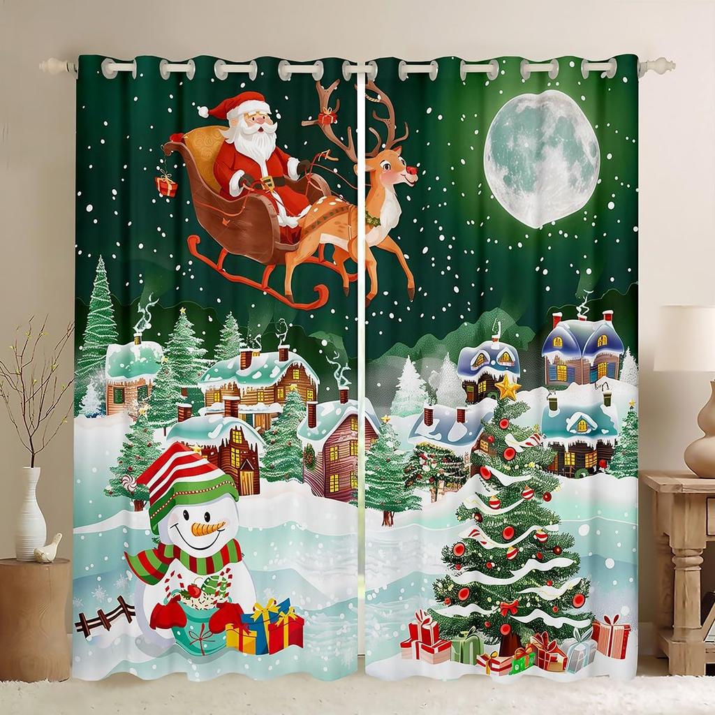 Blackout Christmas Tree Curtain Cute Santa Claus Living Room Decor Cartoon Snowman Window Curtains Drape Made Of Polyester Washable Sitting Ready