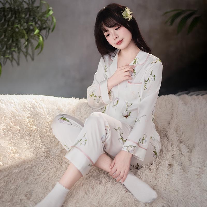 Women's Acetate Pajamas - Spring/Autumn, Ice Silk, Long Sleeve, Plus Size, Printed Cardigan Set, High-End Home Wear