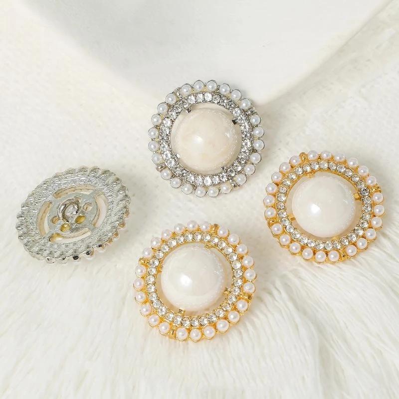 Luxury Hollow Out Pearl Rhinestone Metal Buttons 2Pcs for DIY Sewing Suit Dress Bag Decor Accessory